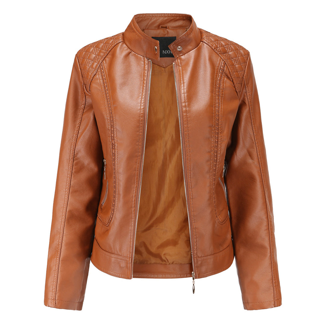 Janiyah Women's Leather Jacket – Chic Stand Collar, Zippers & Elegant Modern Style