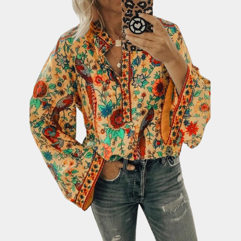 Cynthia Blouse Femme – Floral Top with Puff Sleeves & Breathable Fabric for Elegant Summer