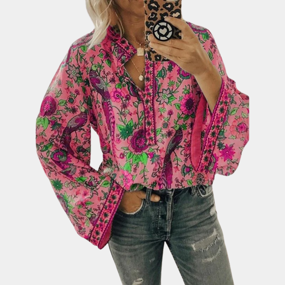 Cynthia Blouse Femme – Floral Top with Puff Sleeves & Breathable Fabric for Elegant Summer