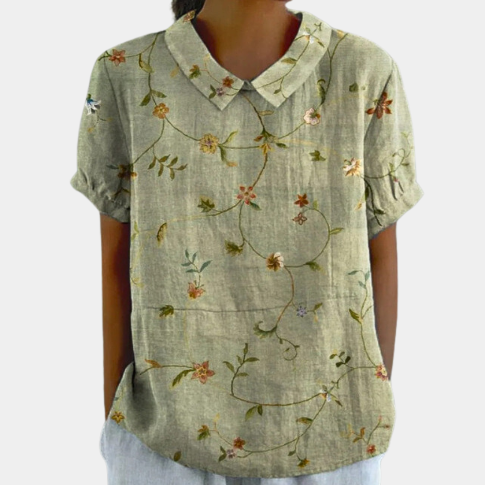 Bruna Blouse Femme – Casual Top with Short Sleeves with Pastoral Floral Print & Round Neck