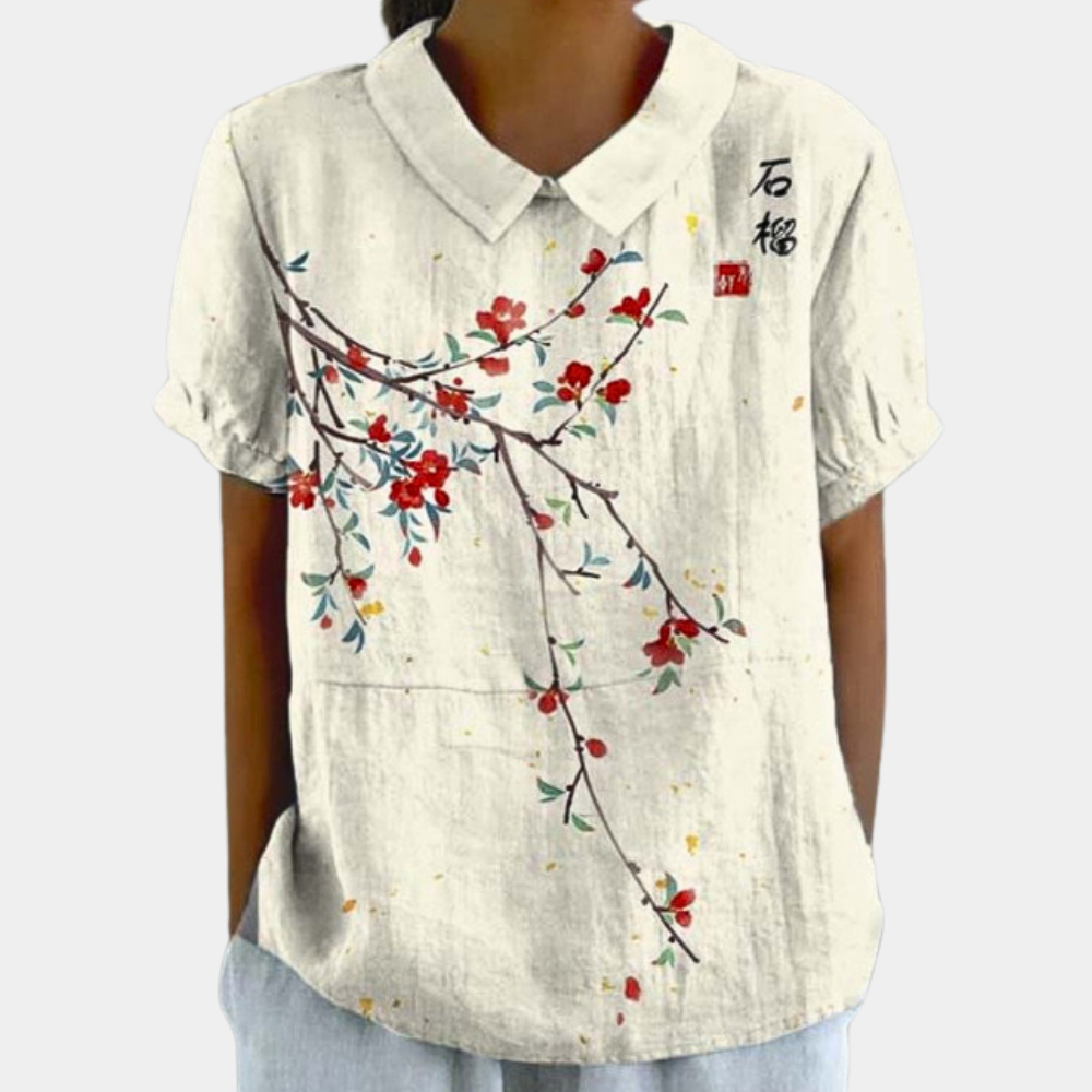 Bruna Blouse Femme – Casual Top with Short Sleeves with Pastoral Floral Print & Round Neck