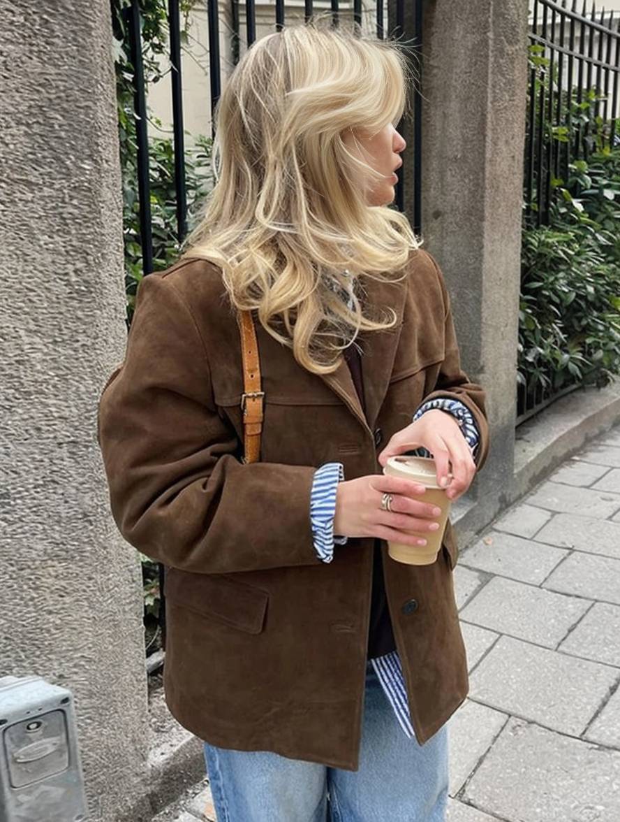 Chelsey Women's Suede Jacket Vintage – Loose Fit, Elegant & Practical with Pockets