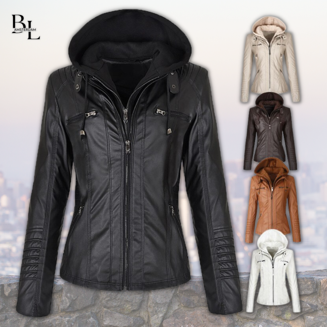 Xyla Women's Leather Jacket – Elegant with Hood, Zipper Closure & Practical Pockets