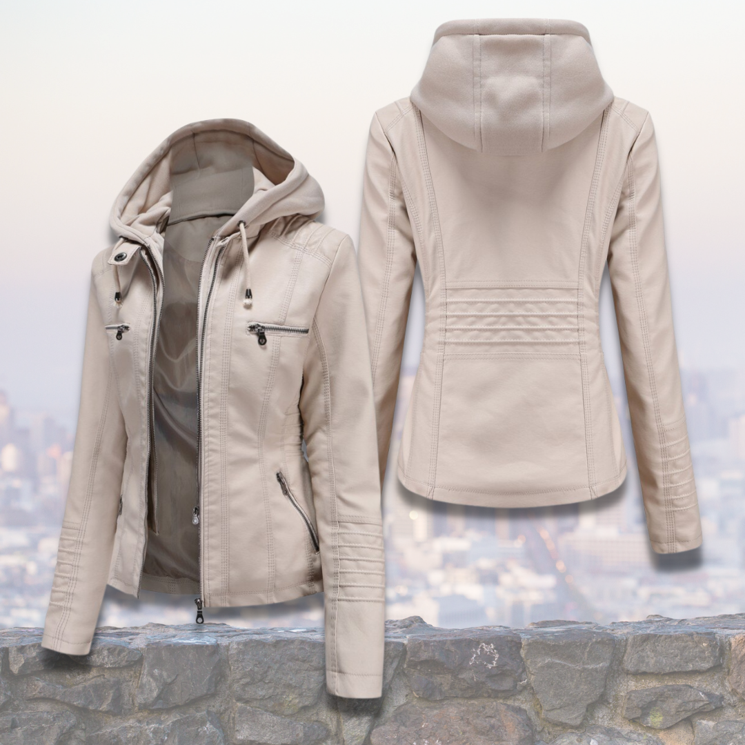 Xyla Women's Leather Jacket – Elegant with Hood, Zipper Closure & Practical Pockets
