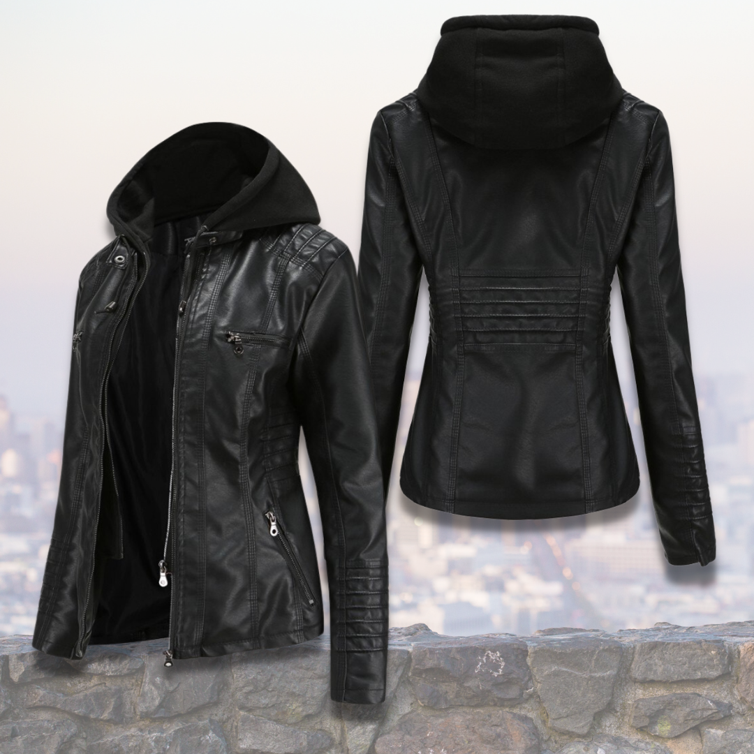 Xyla Women's Leather Jacket – Elegant with Hood, Zipper Closure & Practical Pockets