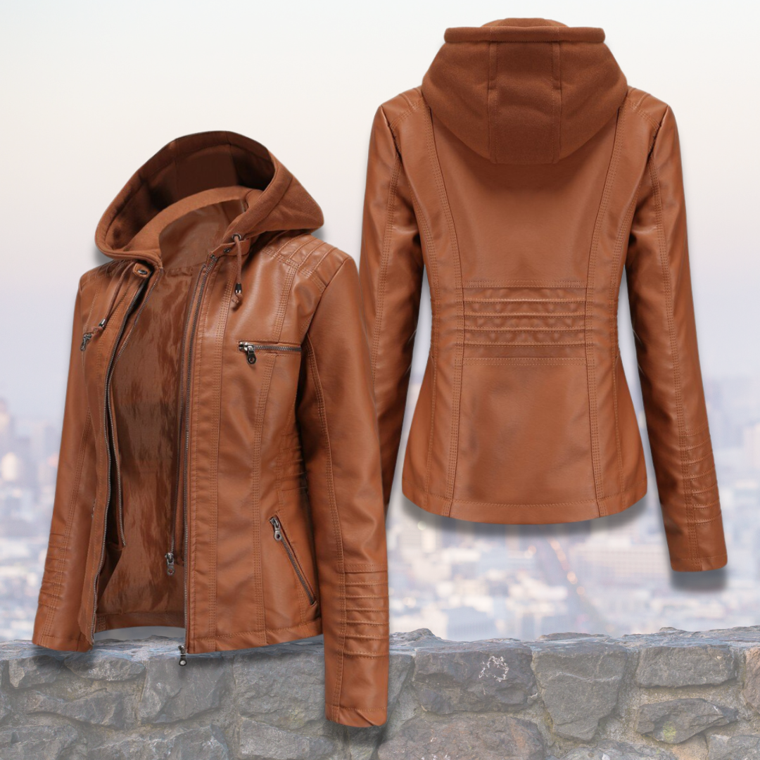 Xyla Women's Leather Jacket – Elegant with Hood, Zipper Closure & Practical Pockets