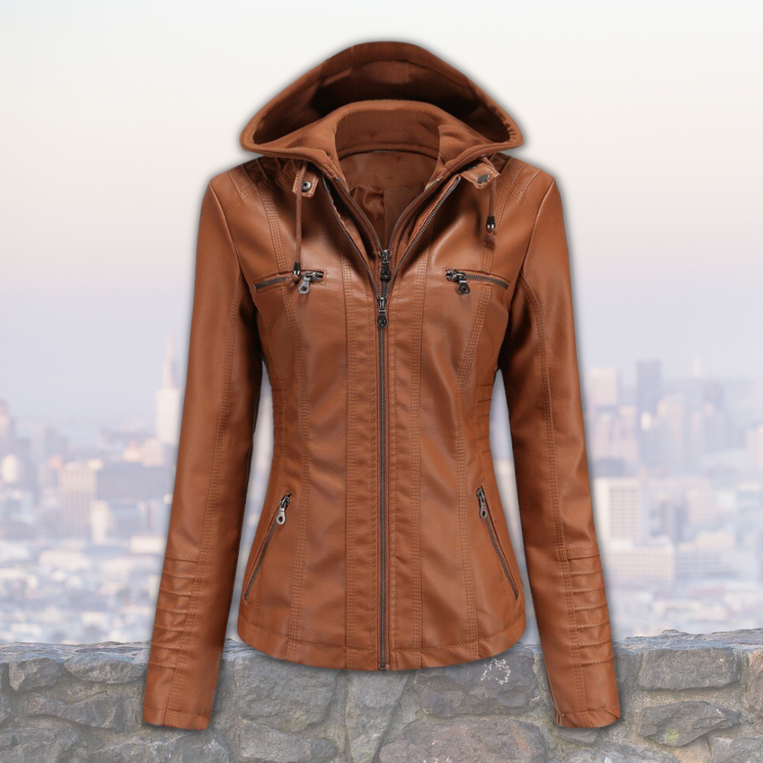 Xyla Women's Leather Jacket – Elegant with Hood, Zipper Closure & Practical Pockets