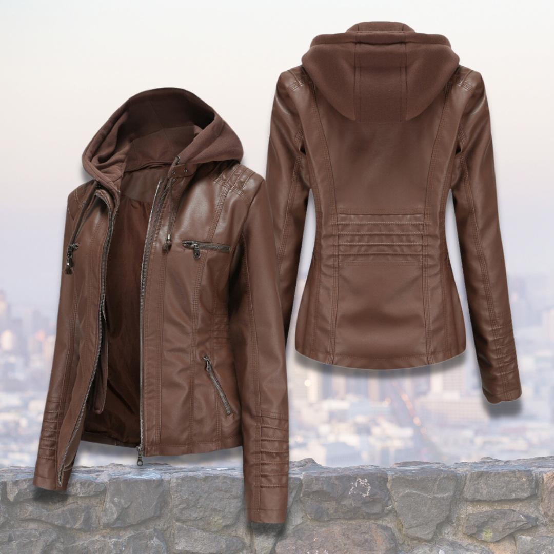 Xyla Women's Leather Jacket – Elegant with Hood, Zipper Closure & Practical Pockets