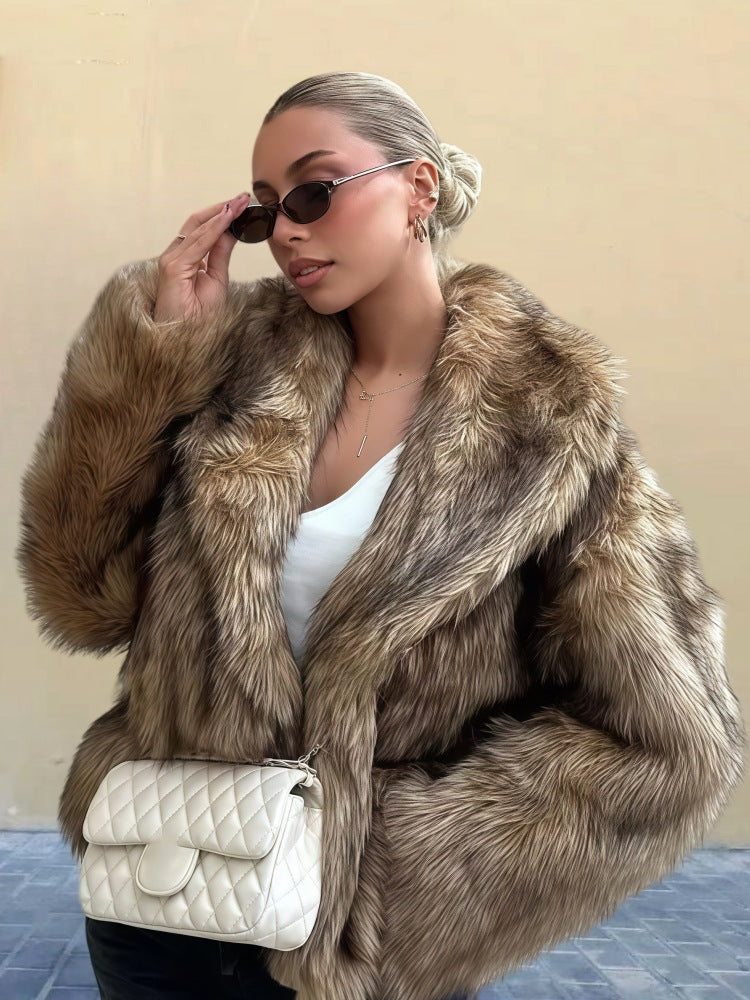 Everleigh Women's Coat – Long Coat in Faux Fur with Notched Collar & Relaxed Fit