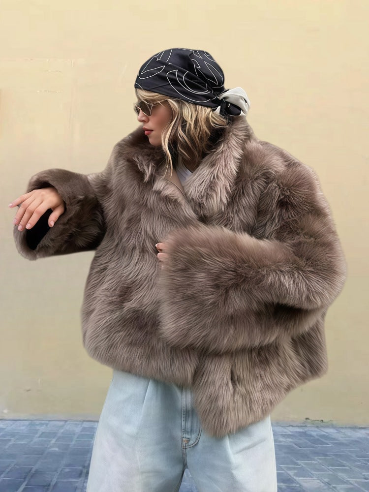 Everleigh Women's Coat – Long Coat in Faux Fur with Notched Collar & Relaxed Fit