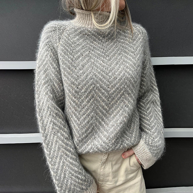 Ailley Women's Turtleneck Sweater – Gray & Cream Chevron Pattern in Soft Knit Casual Fit