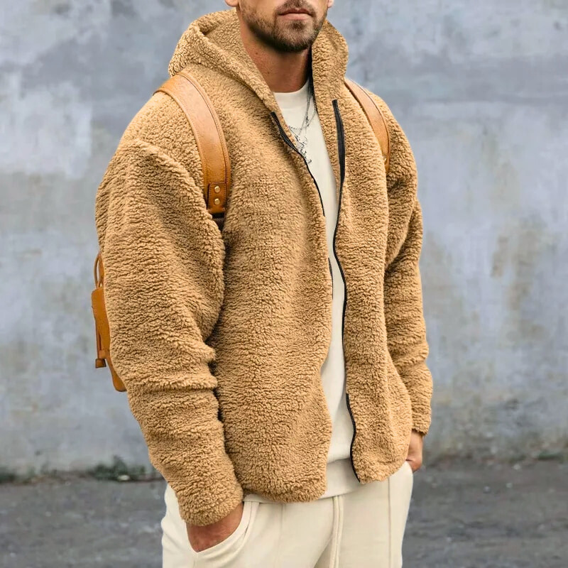Lucio Men's Teddy Jacket – Warm Fleece with Hood, Zipper Closure & Secure Pockets