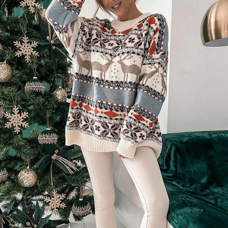 Lydia Women's Christmas Sweater – Winter Knit with Reindeer & Snowflake Pattern Comfortable Fit