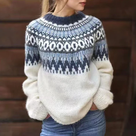 Georgia Women's Knitted Sweater – Winter Sweater with Nordic Fair Isle Pattern & Relaxed Fit