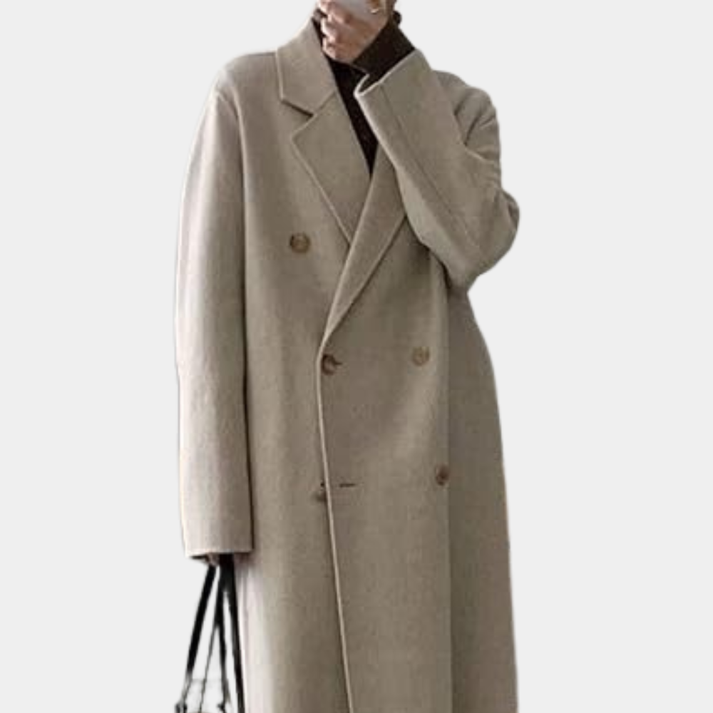 Amelia Women's Winter Long Coat – Elegant Double-Breasted with Warm Lining
