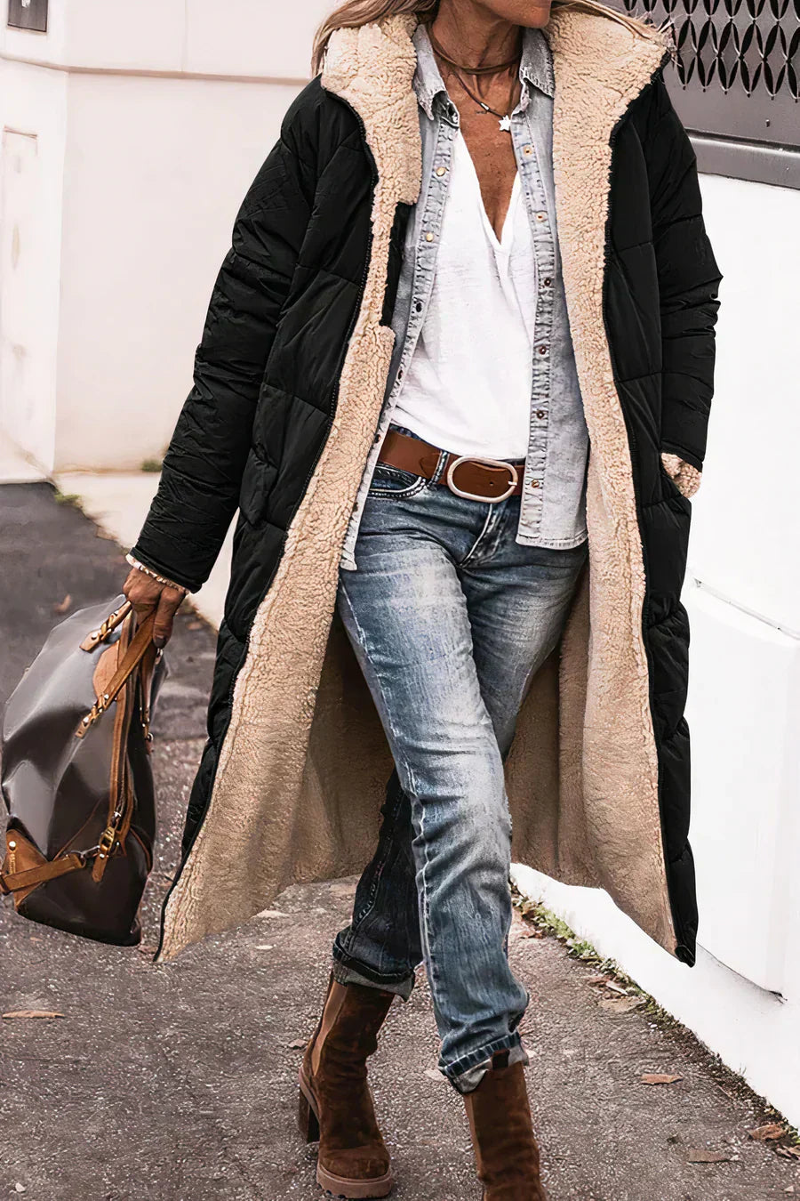 Camila Manteau Long Quilted for Women – Hood with faux fur and full zip closure