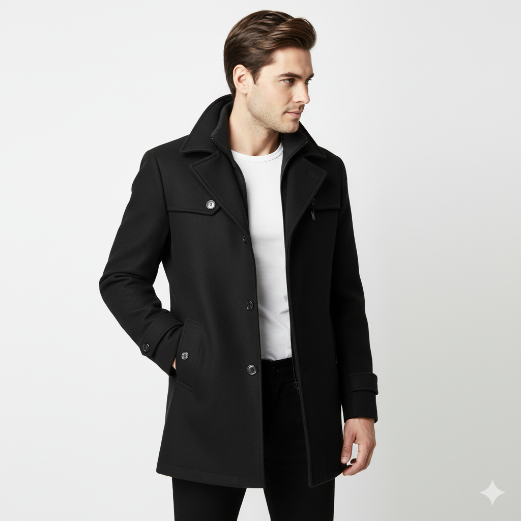 Edwin Men's Coat – Slim Fit Double-Breasted Overcoat with Classic Collar