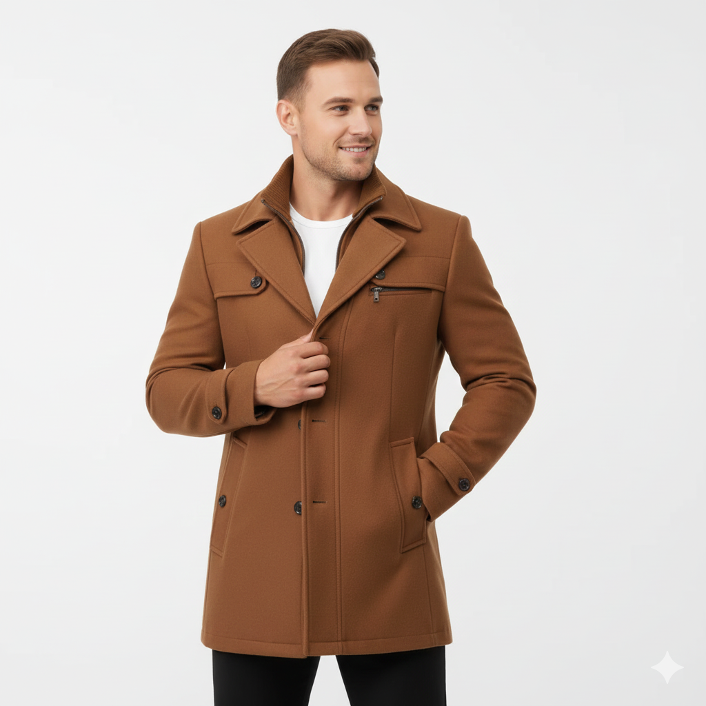 Edwin Men's Coat – Slim Fit Double-Breasted Overcoat with Classic Collar
