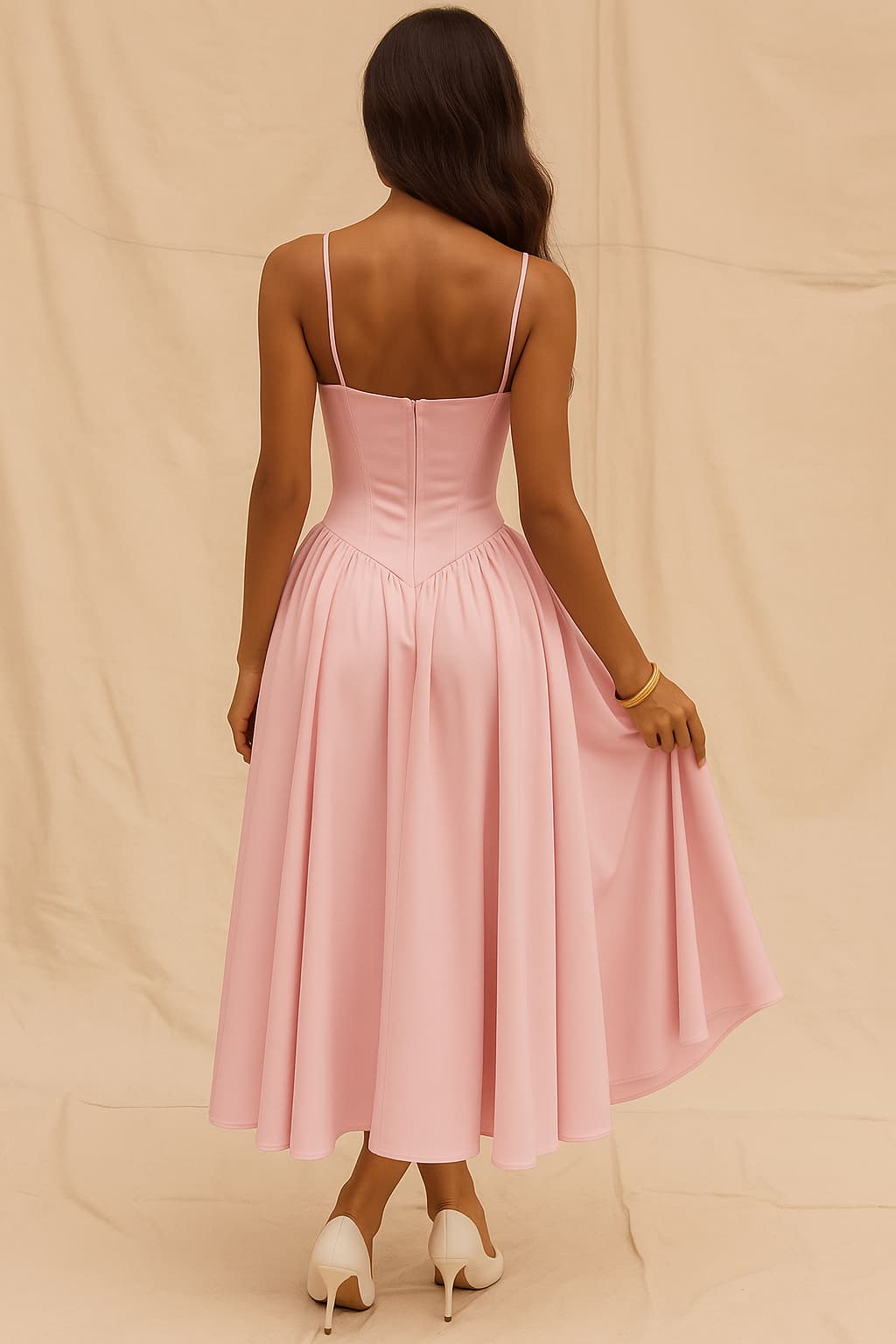 Pink Wedding Guest Dress for Women, Corset Bodice A-Line Midi Dress