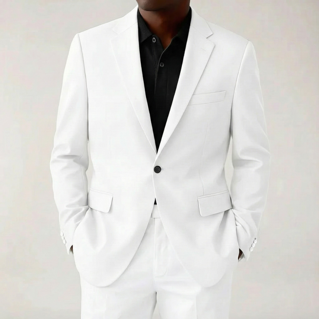 Men’s White Blazer Jacket – Two-Button, Notch Lapel, Flap Pockets