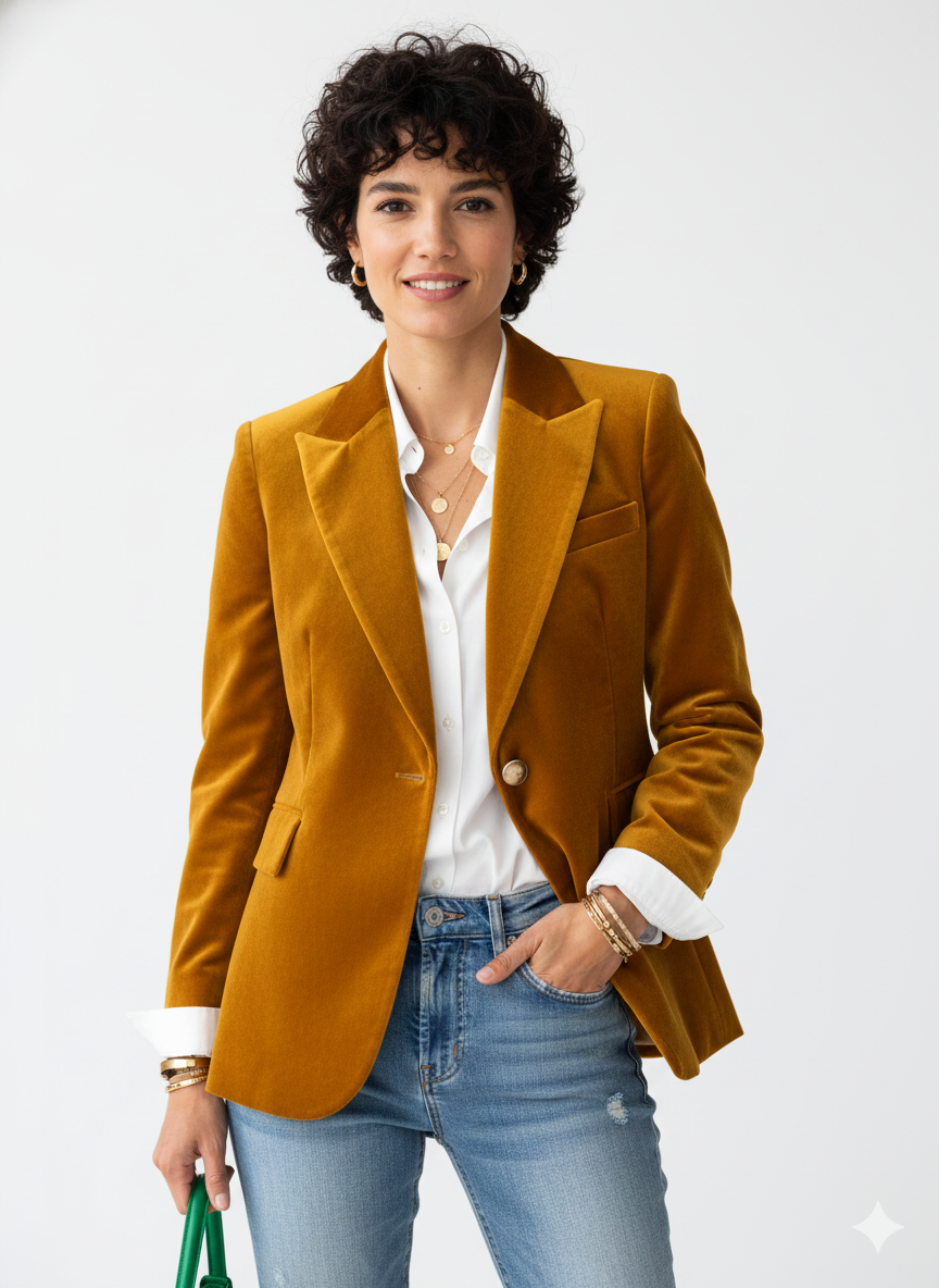 Haydee Velvet Blazer for Women – Chic Green Jacket with Golden Buttons & Elegant Cut