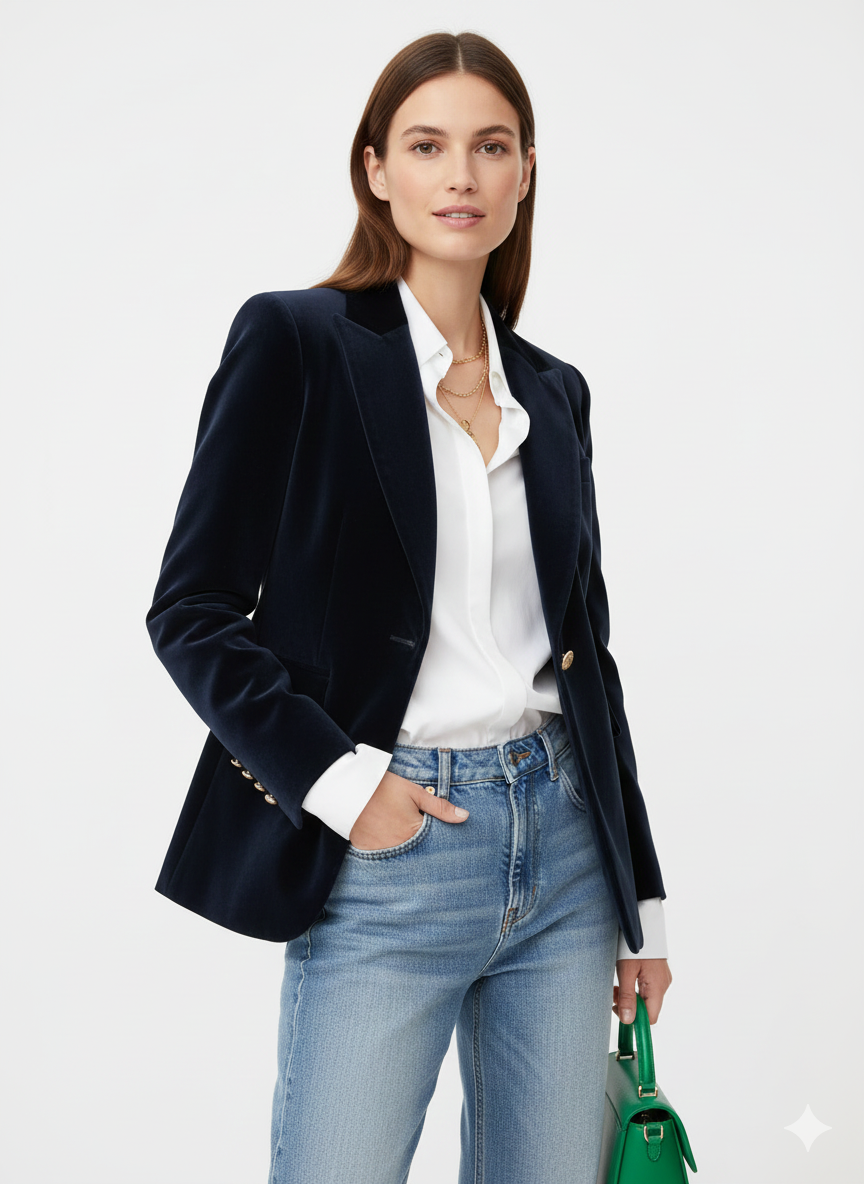 Haydee Velvet Blazer for Women – Chic Green Jacket with Golden Buttons & Elegant Cut
