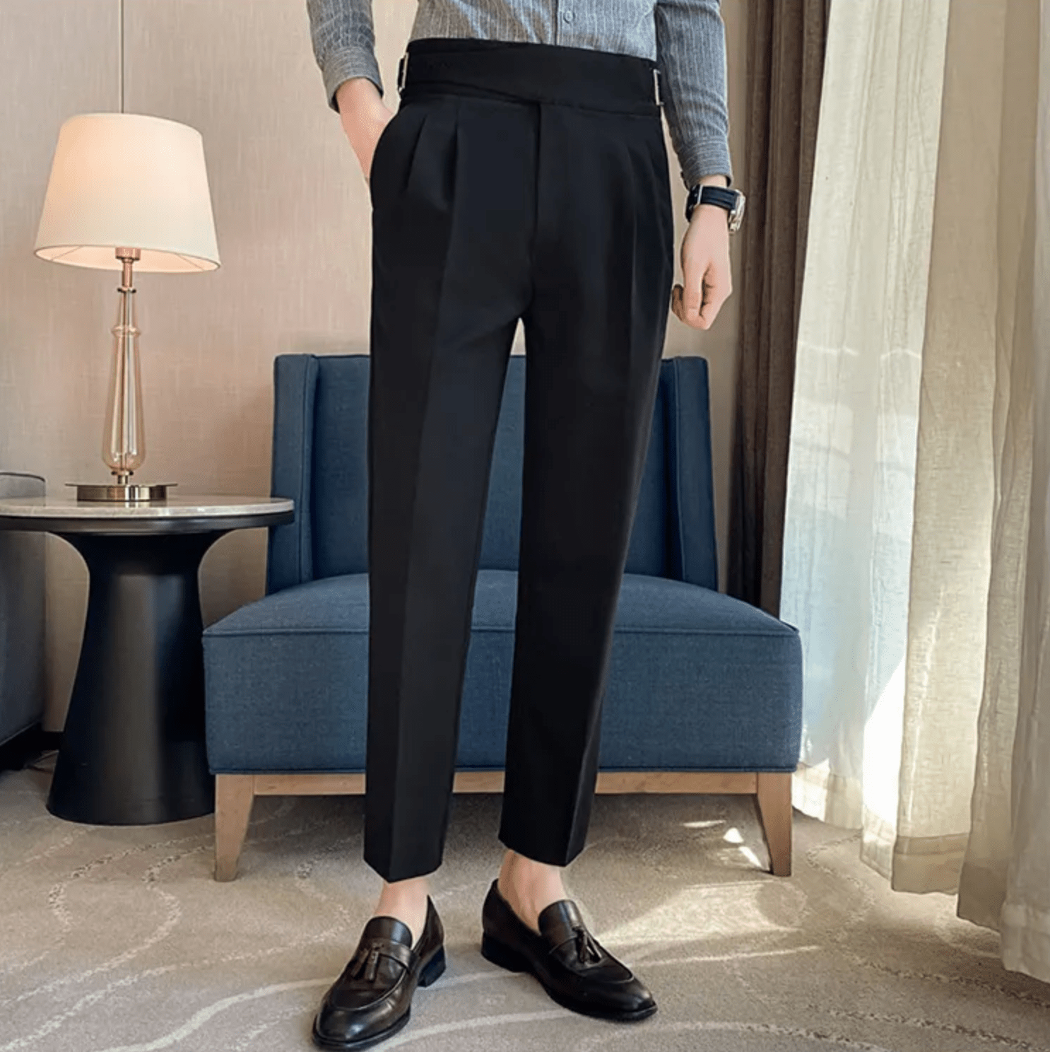 High Waisted Pleated Men's Formal Straight Fit Trousers