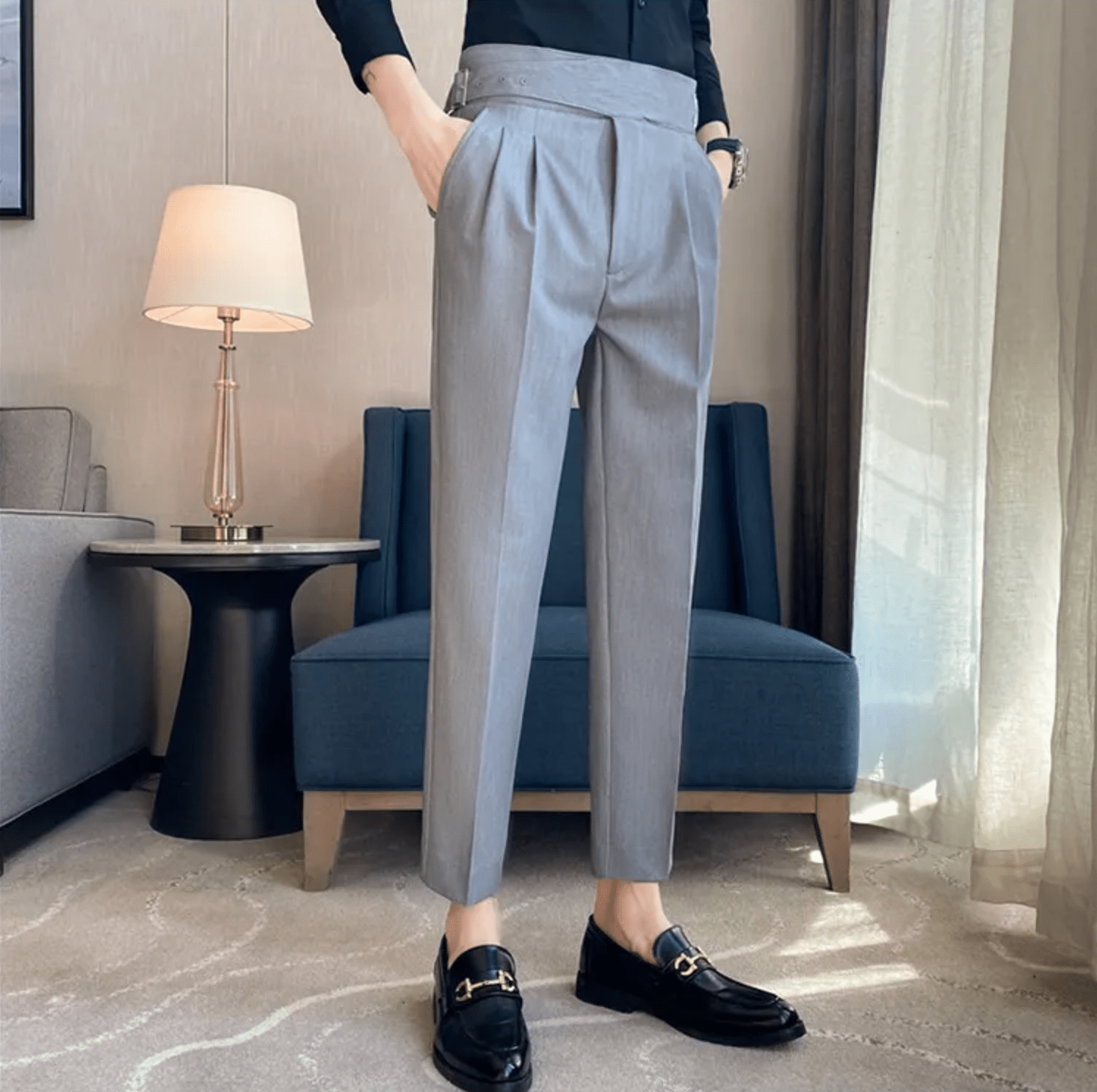 High Waisted Pleated Men's Formal Straight Fit Trousers