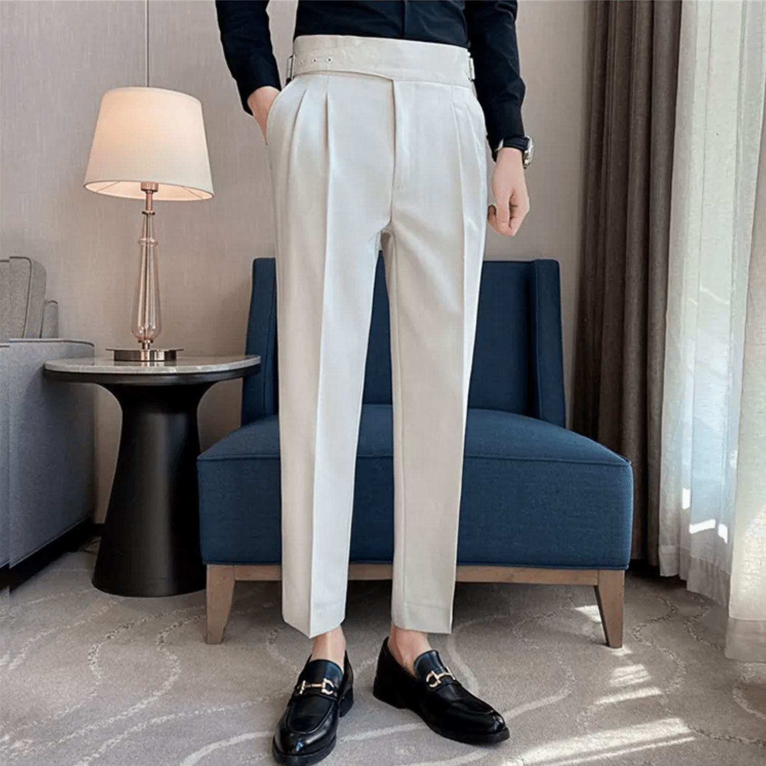 High Waisted Pleated Men's Formal Straight Fit Trousers