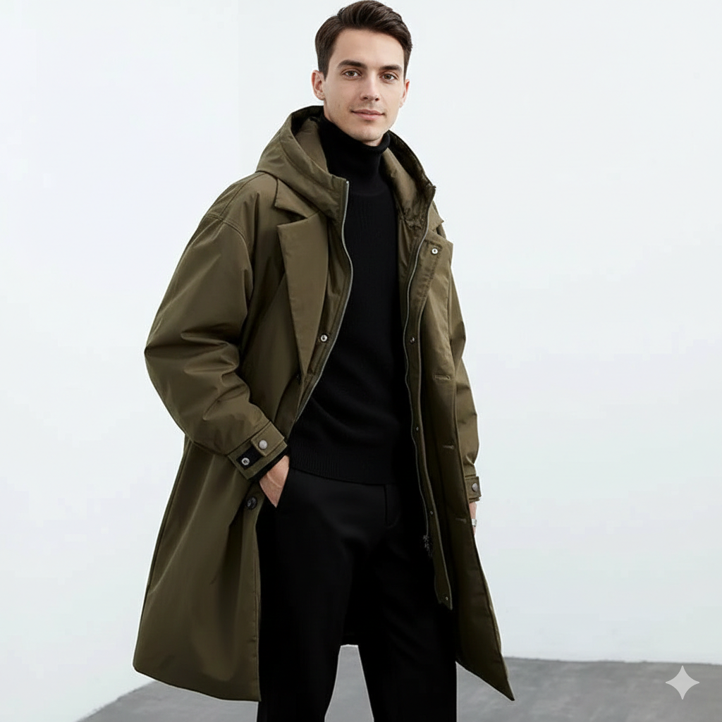 Damian Trench Coat Long Men Waterproof – Quilted Lining, Hood & Winter Warmth