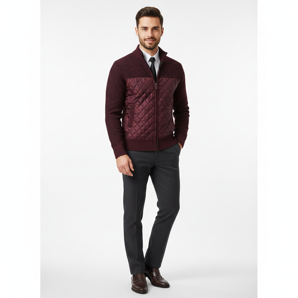 Men's Zipped Adrian Cardigan – Quilted Panels & Fine Knit with Stand Collar
