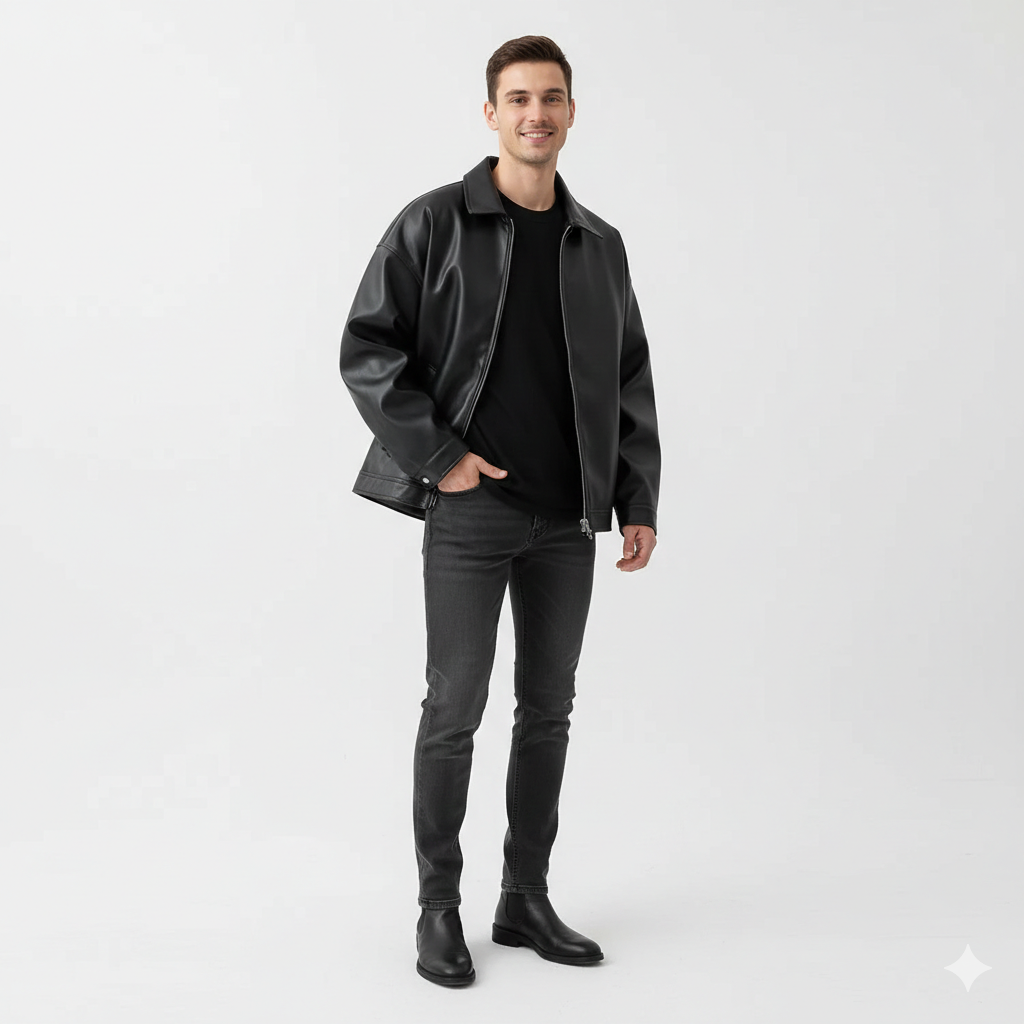 Milan Men's Jacket in Faux Leather – Loose Fit with Classic Collar and Zipper Closure
