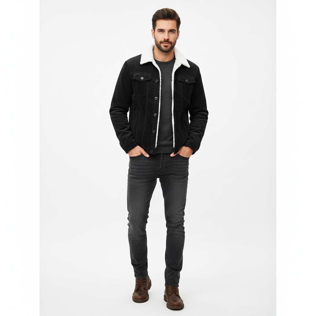 Mason Men's Trucker Jacket – Corduroy Lined with Sherpa, Teddy Collar & Classic Buttons