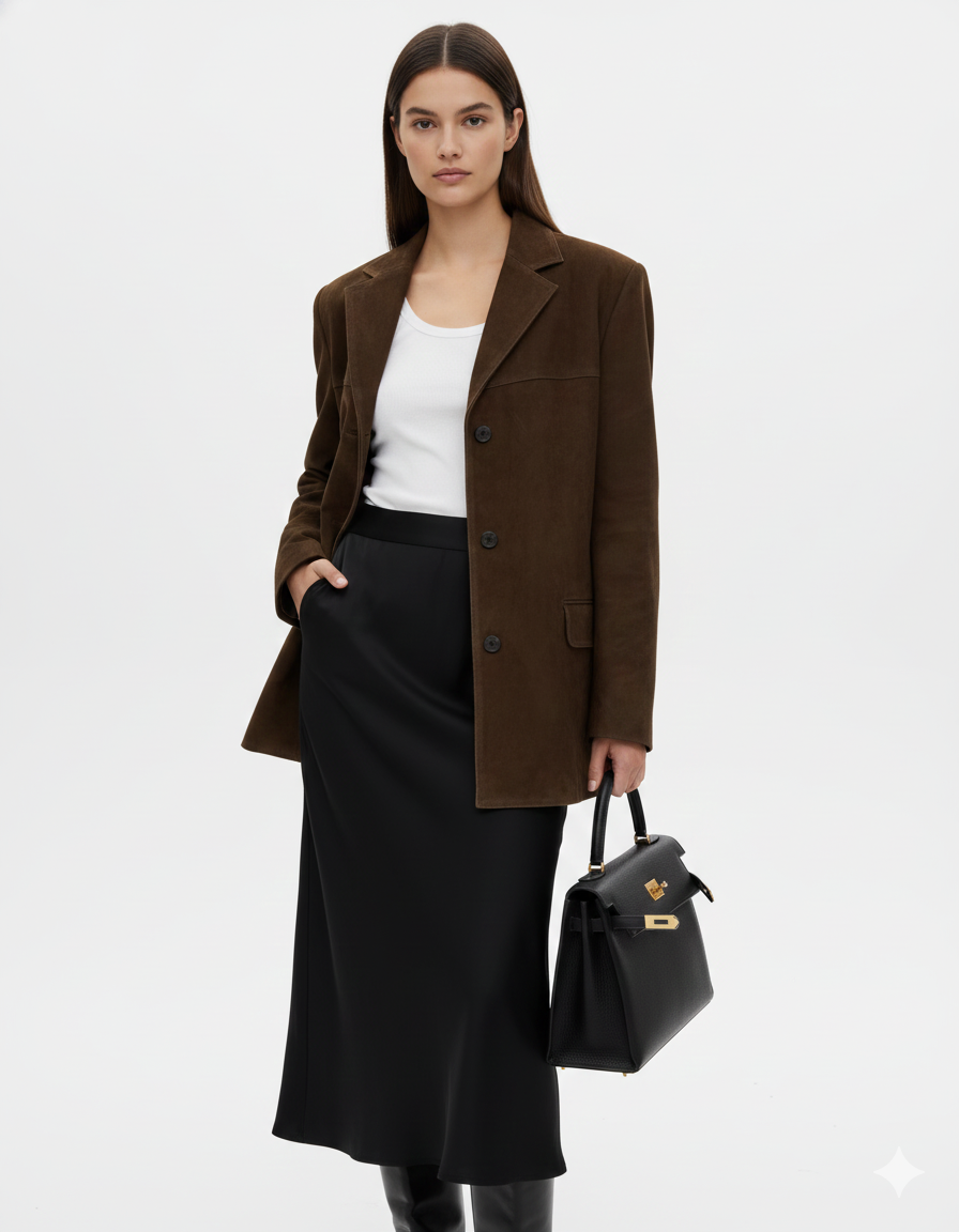 Marga Suede Blazer for Women – Chic Brown Jacket with Modern Cut & Stretch Fabric