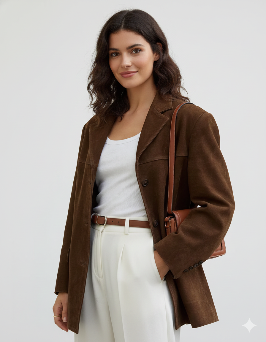 Marga Suede Blazer for Women – Chic Brown Jacket with Modern Cut & Stretch Fabric