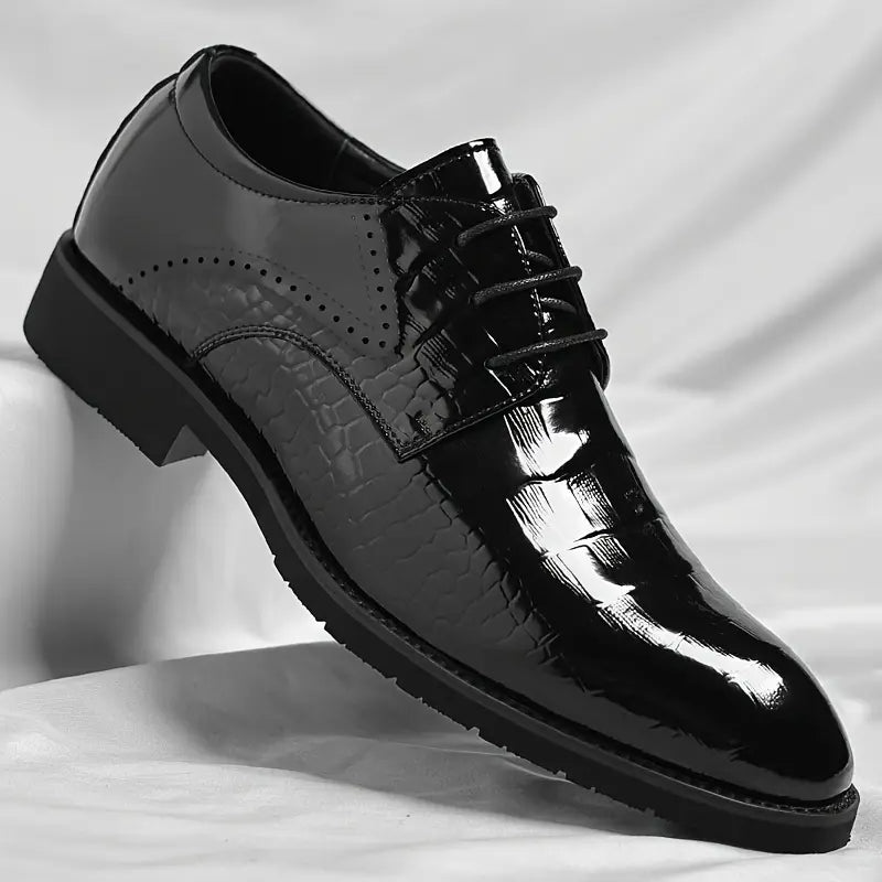 Men’s Black Patent Oxford Dress Shoes – Gloss Textured Finish with Lace-Up Closure