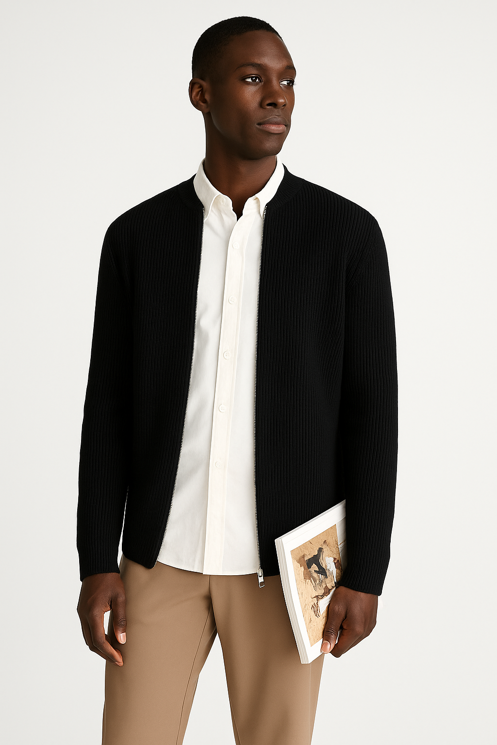 Men’s Cardigan Sweater – Ribbed Knit – Relaxed Fit – Double Zipper – Long Sleeve