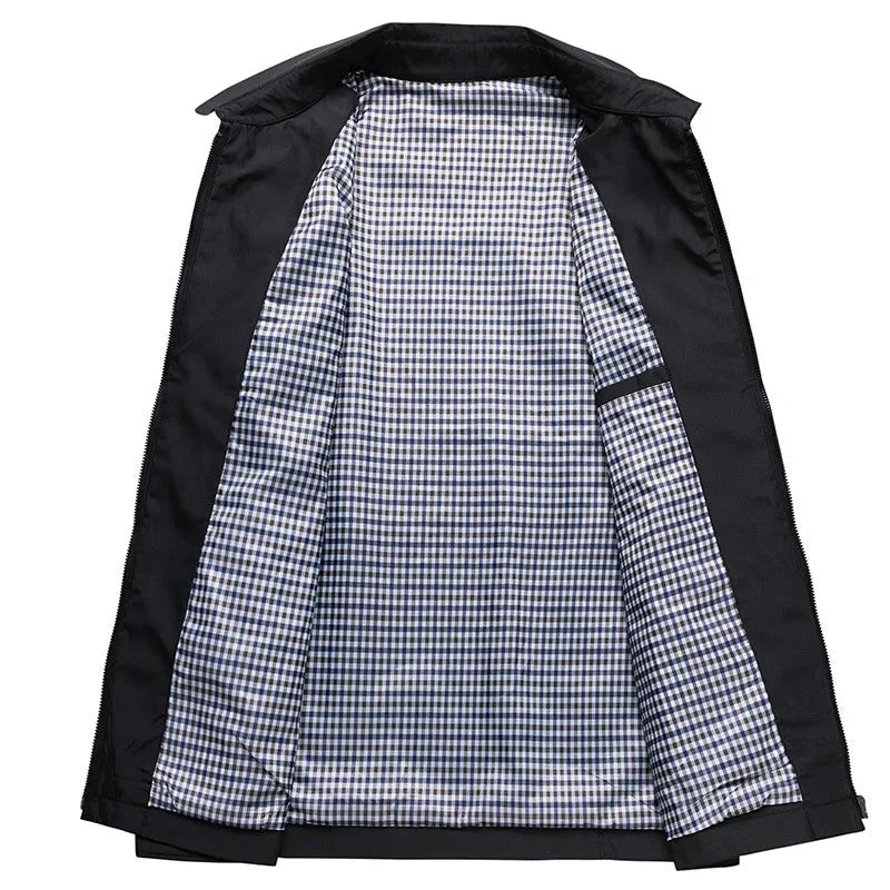 Men’s Classic Black Zip-Up Jacket – Lightweight Checked Lining