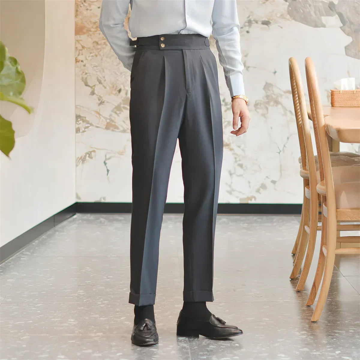 Men’s Formal Tailored Trousers – High-Rise Pleated Front with Cuffed Hem