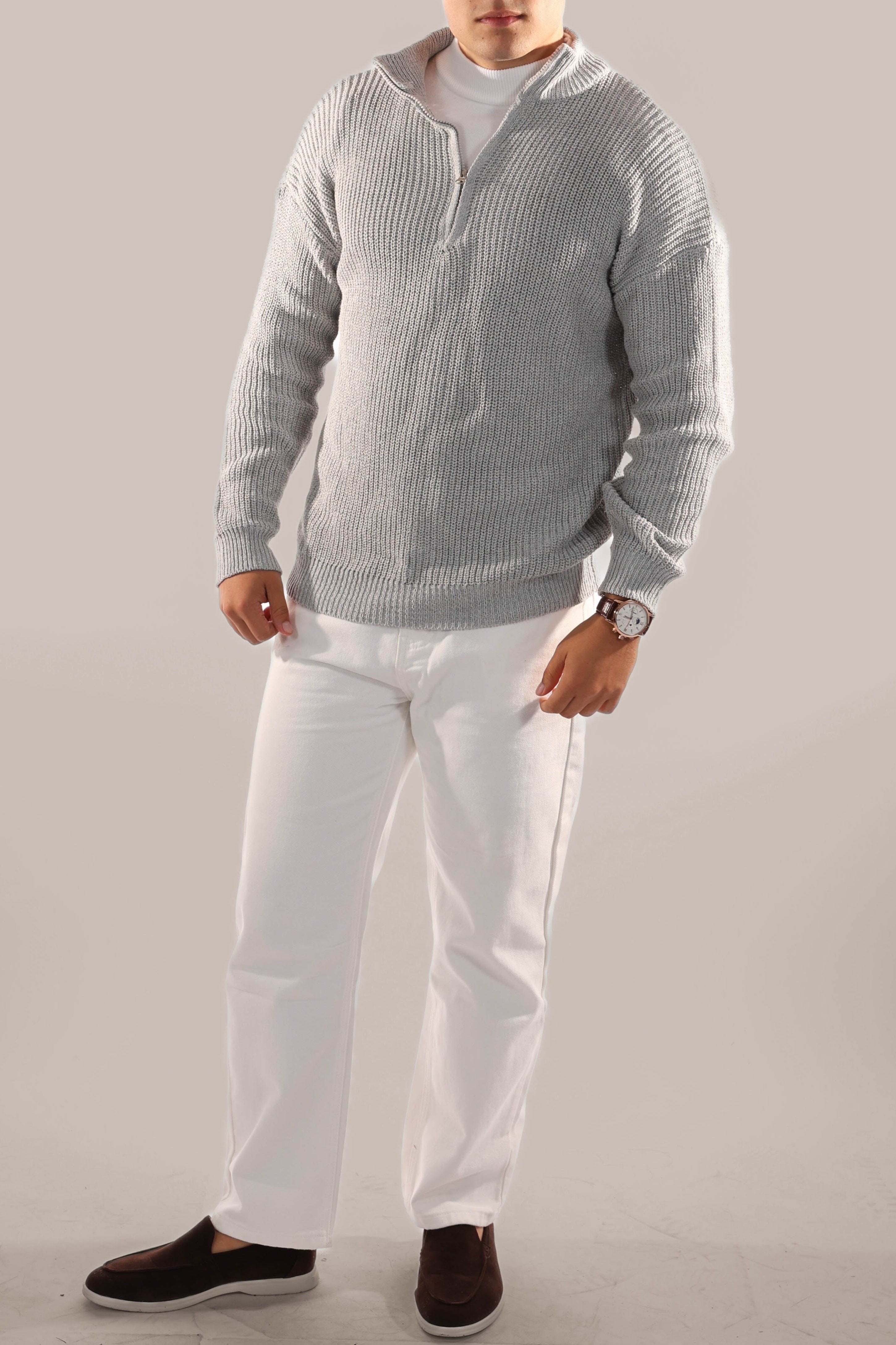 Men’s Half Zip Jumper – Knitted, Stand Collar, Rib Trim