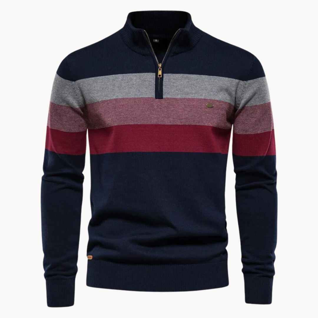Men’s Half Zip Knitted Sweater with Bold Stripes – Autumn/Winter Casual Wear