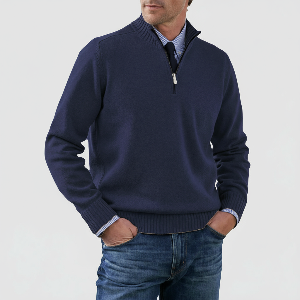 Men’s Half Zip Sweater – Mock Neck, Ribbed Trims, Long Sleeve