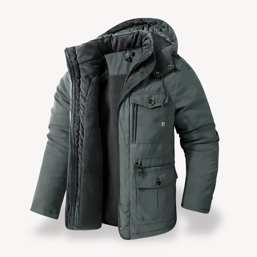 Men’s Hooded Utility Jacket – Zip-Through Parka with Lined Interior & Multi Pockets