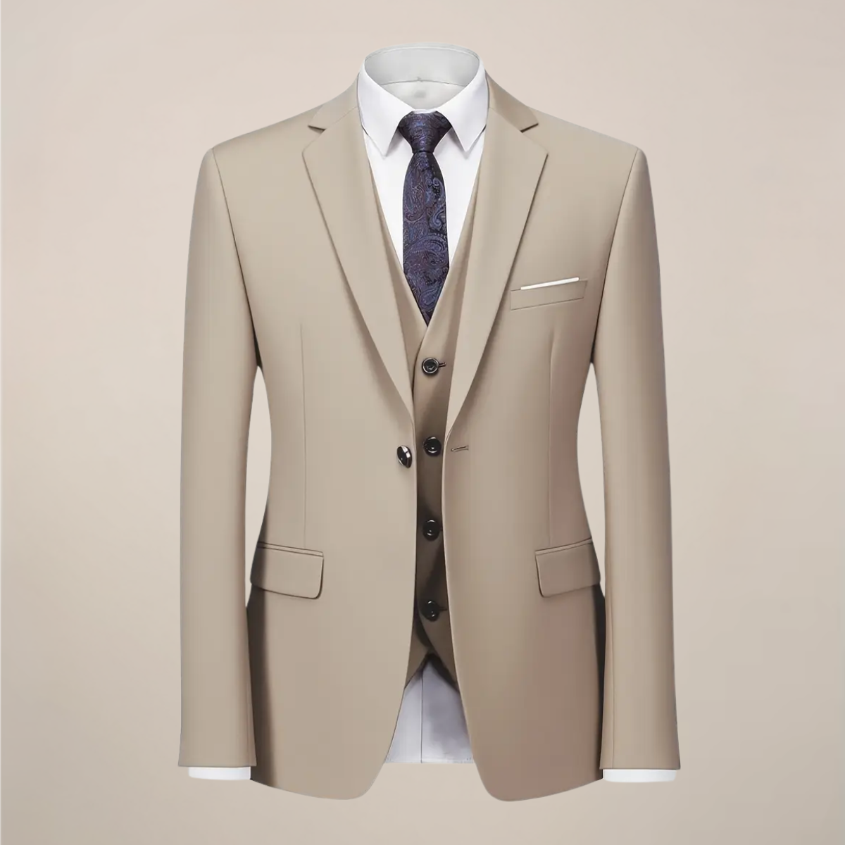 Men’s Khaki Three-Piece Suit – Slim Fit Tuxedo for Weddings and Formal Occasions