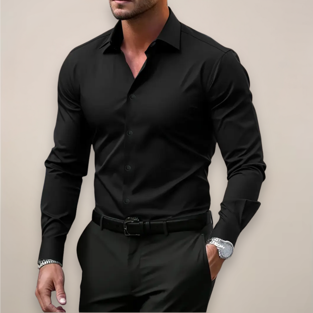 Men’s Long-Sleeve Shirt – Classic Notched Collar, Versatile Smart Style