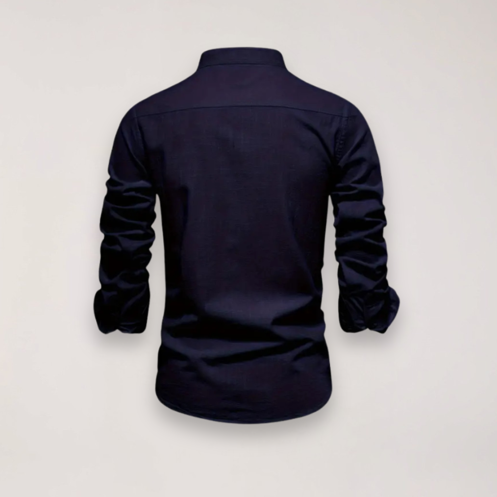 Men’s Long Sleeve Stand Collar Shirt – Embroidered Solid Design for Smart Casual Styling