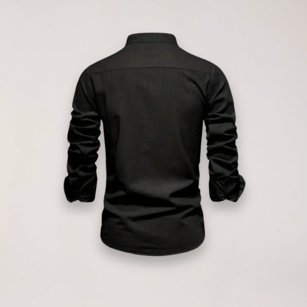 Men’s Long Sleeve Stand Collar Shirt – Embroidered Solid Design for Smart Casual Styling