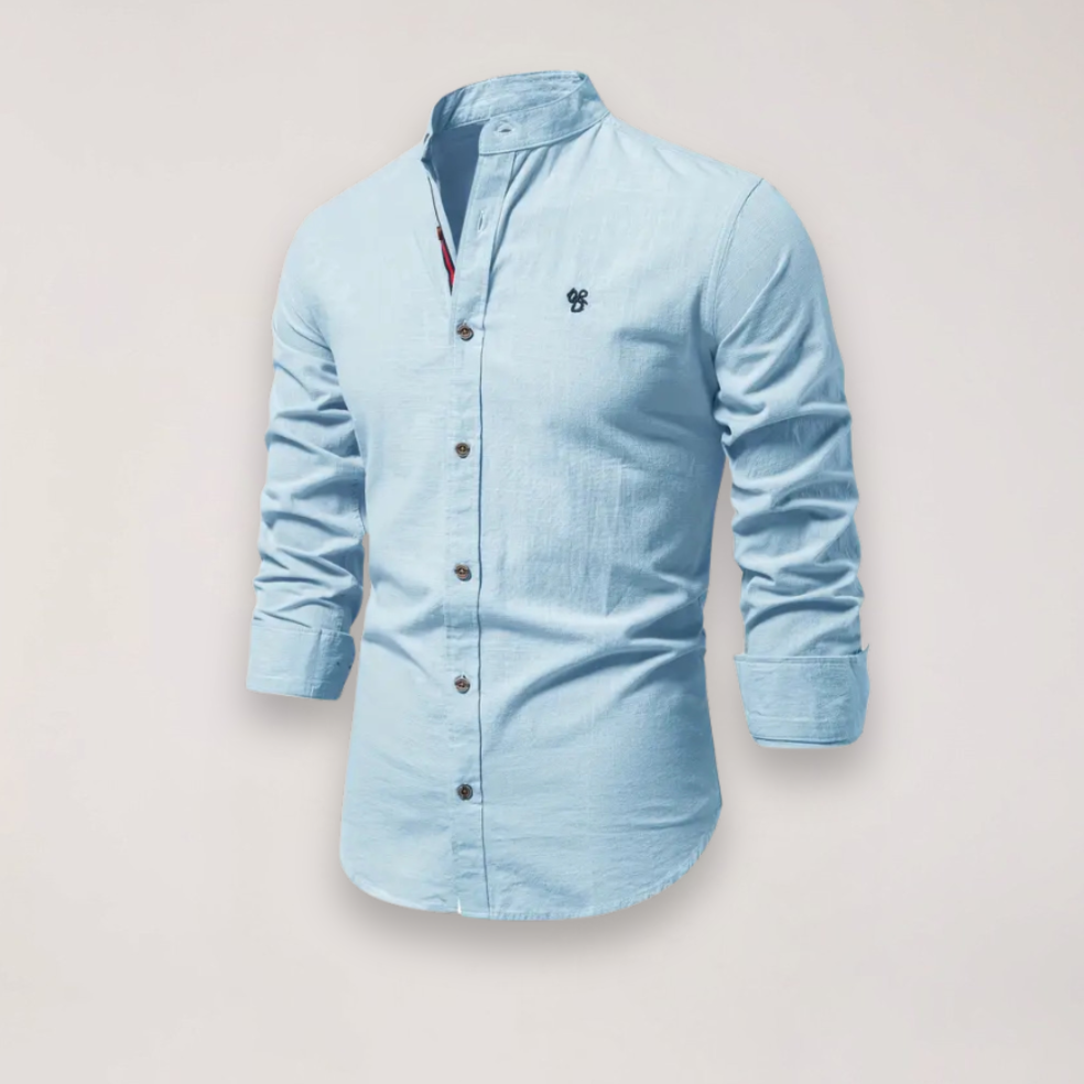 Men’s Long Sleeve Stand Collar Shirt – Embroidered Solid Design for Smart Casual Styling