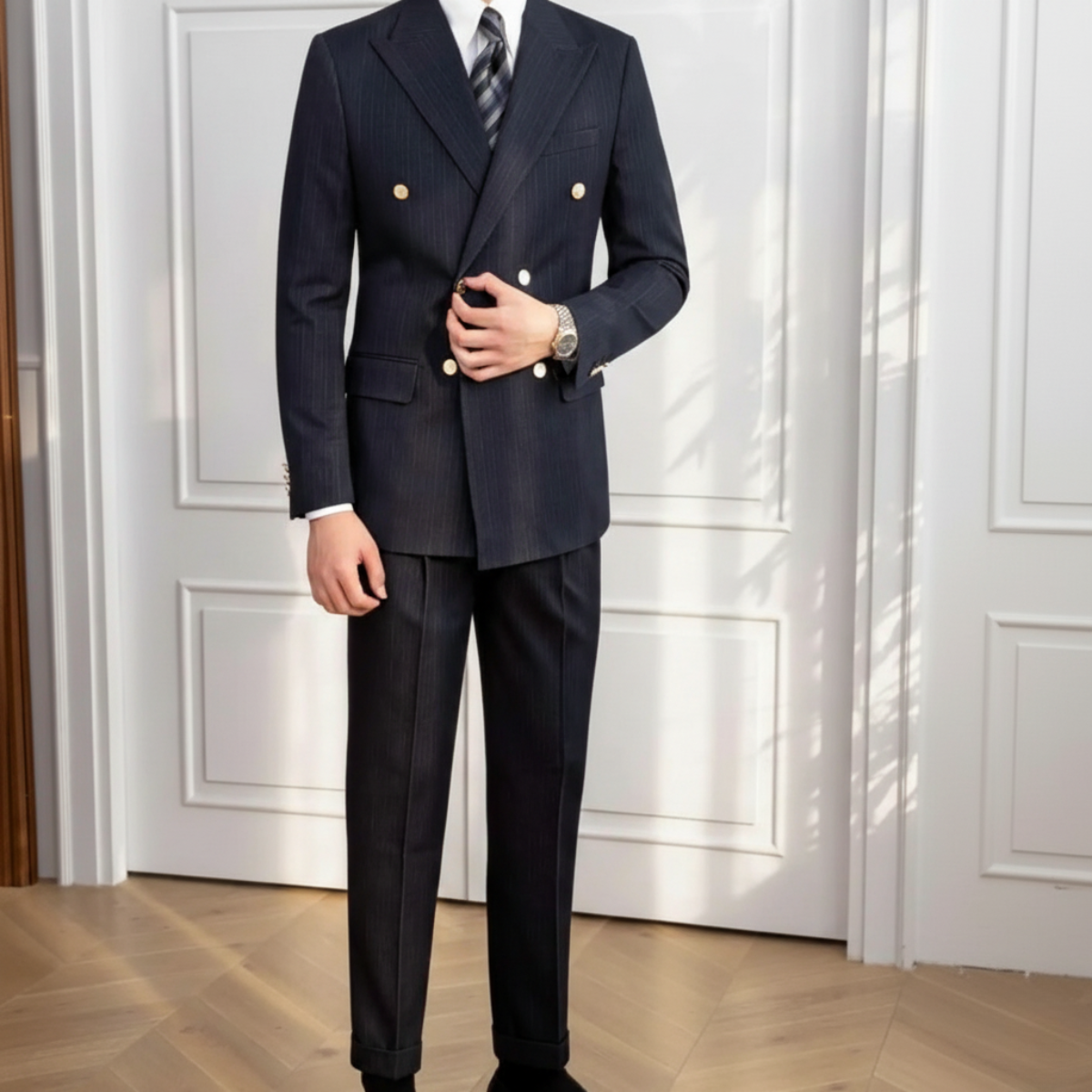 Men’s Navy Blue Double-Breasted Slim Fit 2-Piece Suit – Tailored Autumn Formal Set