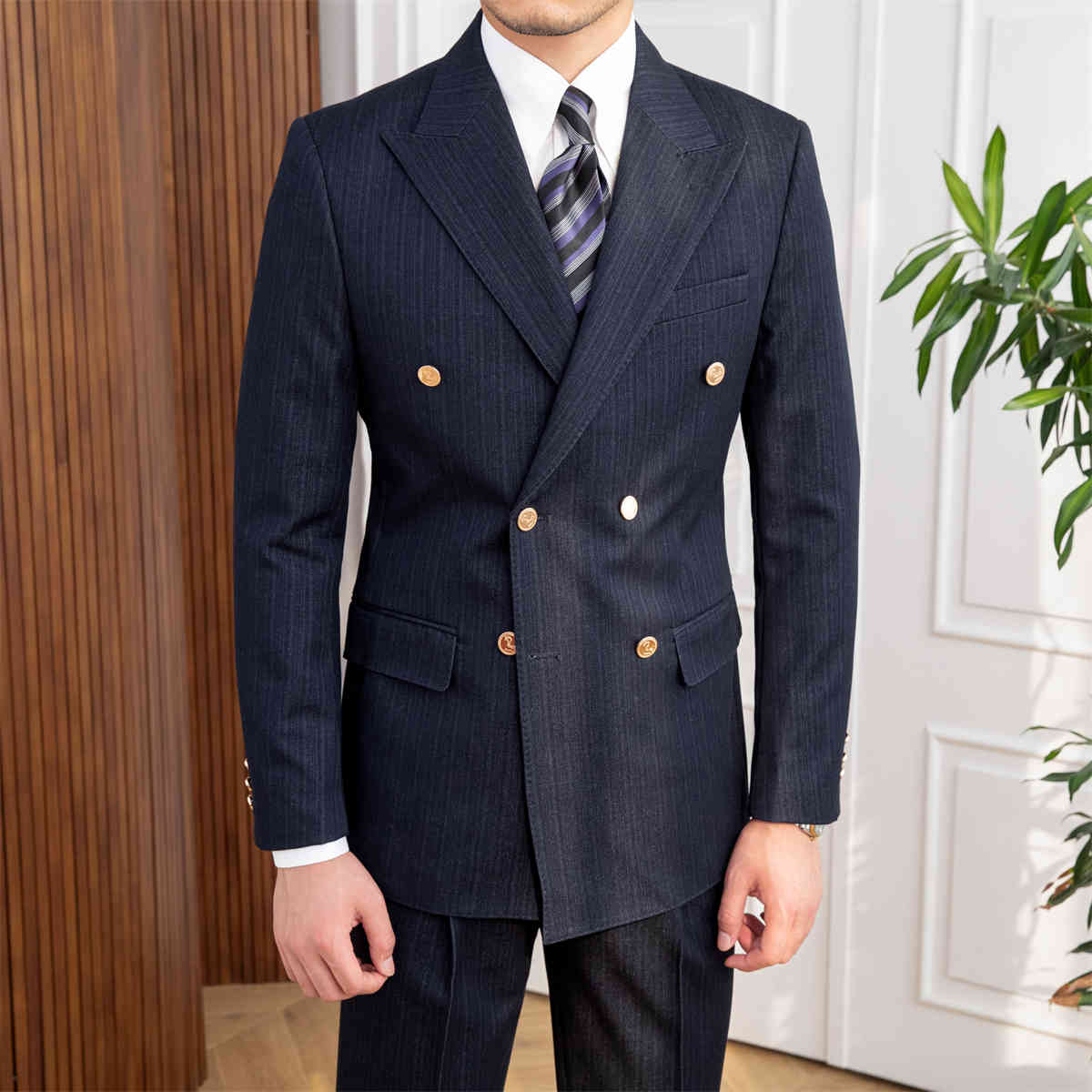 Men’s Navy Blue Double-Breasted Slim Fit 2-Piece Suit – Tailored Autumn Formal Set